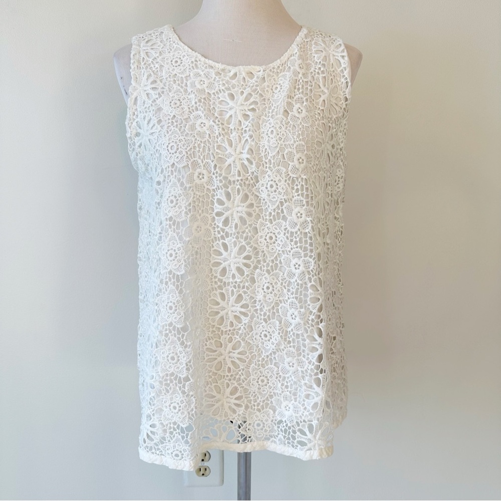 Keysha White Crochet Lace Sleeveless Tank Top, size Large Bohemian Coquette